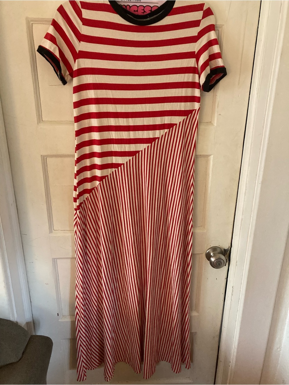 Who What Wear Red and White Striped Short-Sleeve Maxi Dress with Contrast Trim
